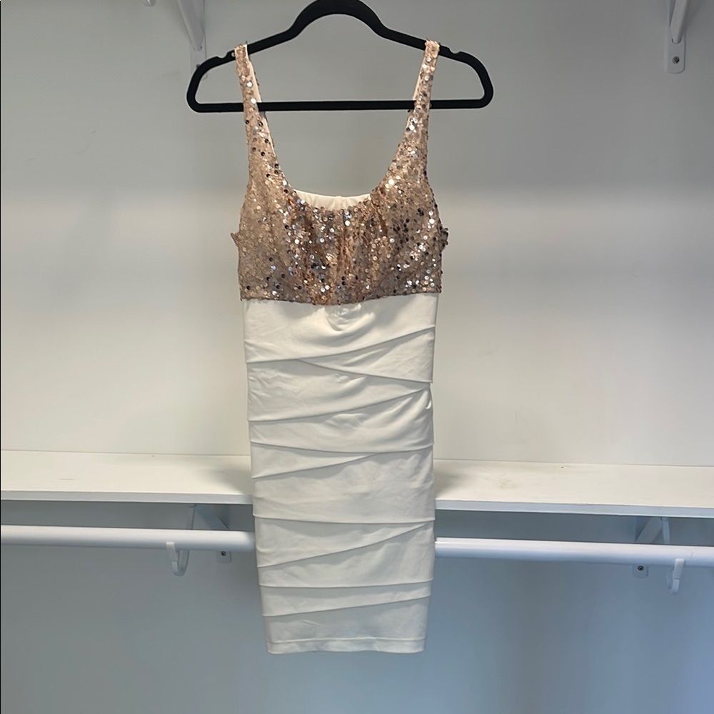 BONGO Gold Cream Ruched Sequin Bodycon Midi Dress